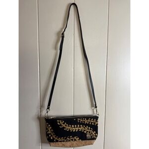 A Maui Day Crossbody Bag Women's‎ Cork Bottom Purse Black Gold Floral Handmade